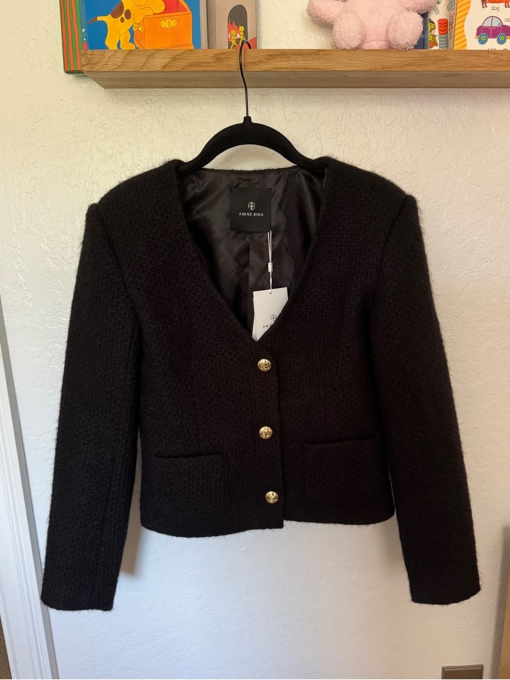 Anine Bing Black Textured Cropped Blazer with Gold Buttons
